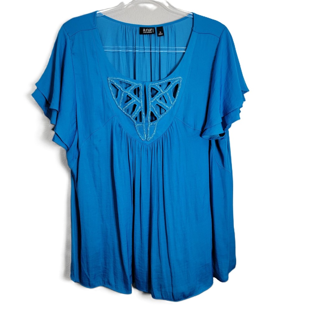 a.n.a A New Approach Blue Beaded‎ Cutout Flutter Sleeve Blouse Plus Size 1X